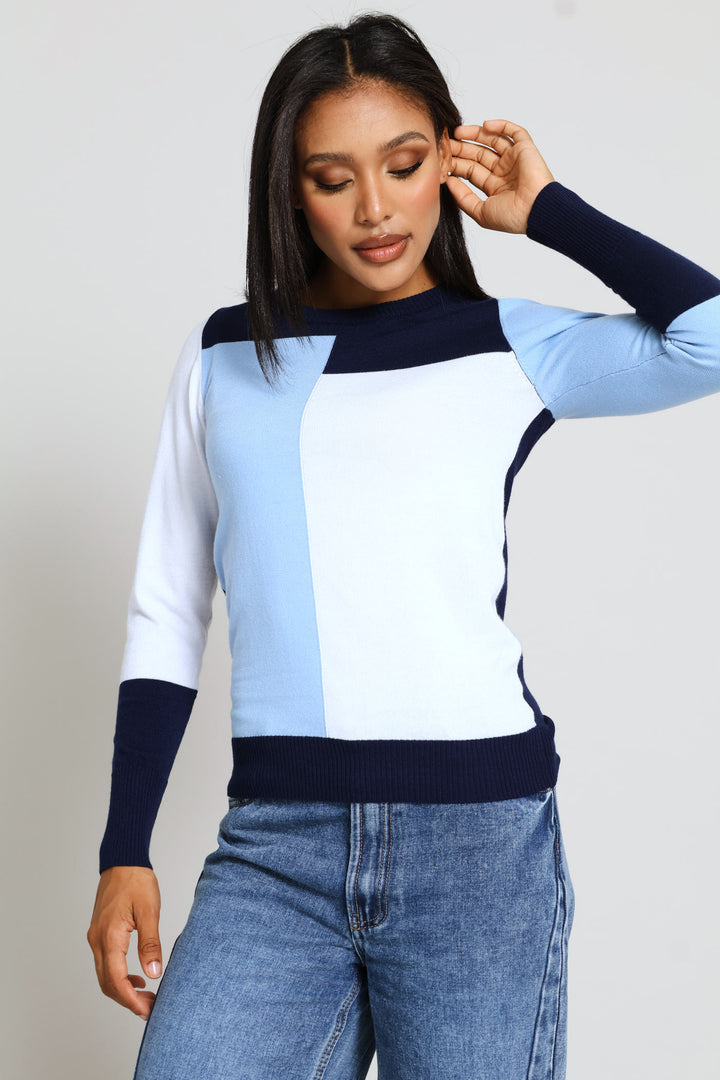 Intarsia Colourblock Pullover - Navy/Blue