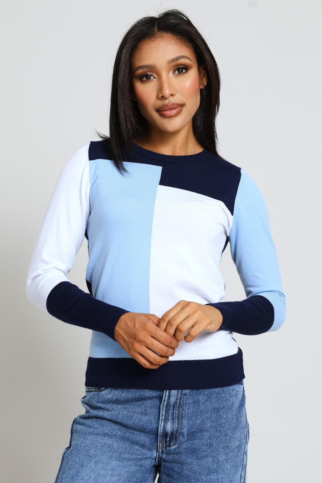 Intarsia Colourblock Pullover - Navy/Blue