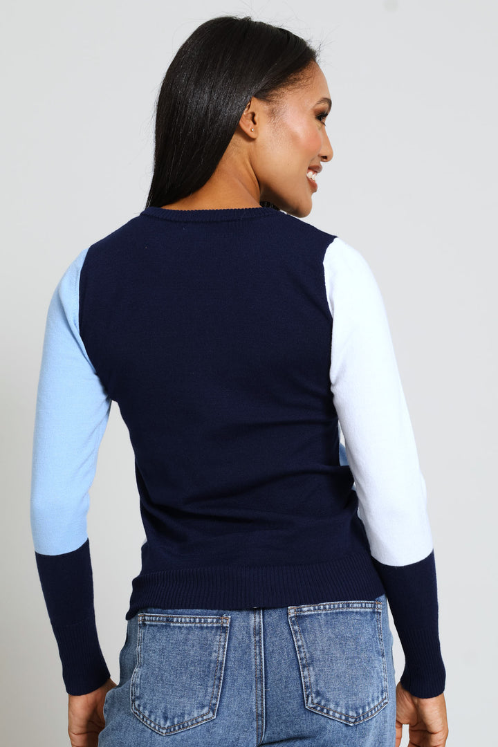 Intarsia Colourblock Pullover - Navy/Blue