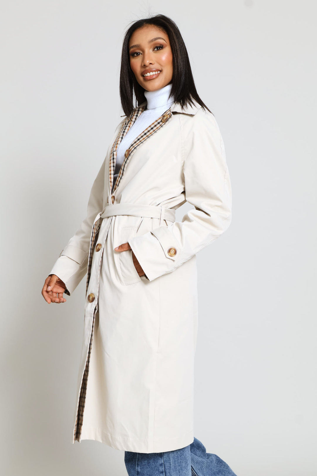 Epaulette Detail Reversible Trench Coat - Light Stone