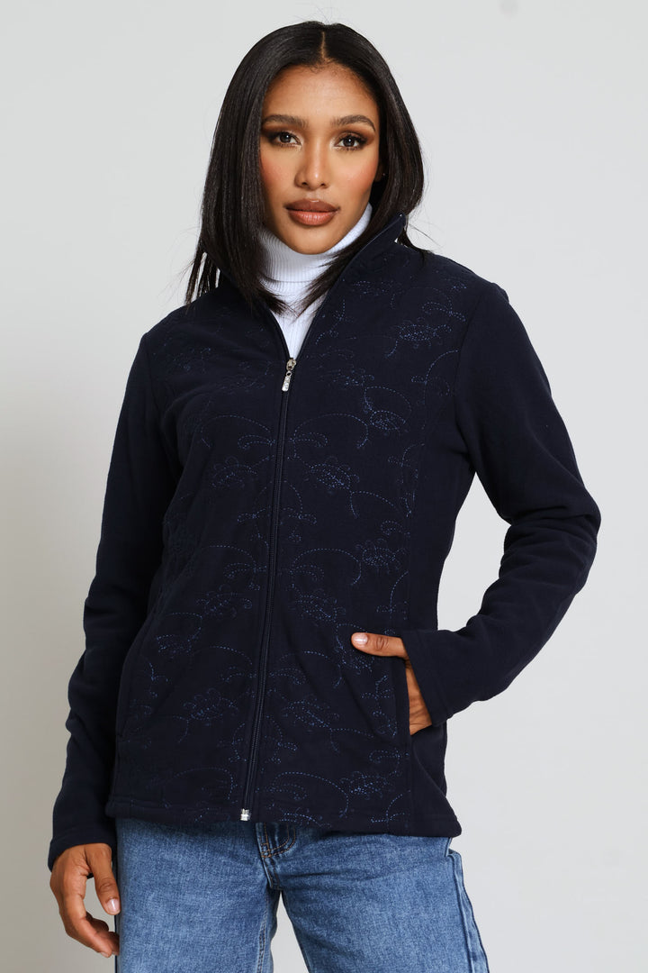 Embroidered Zip Up Polar Fleece Jacket - Midnight Blue