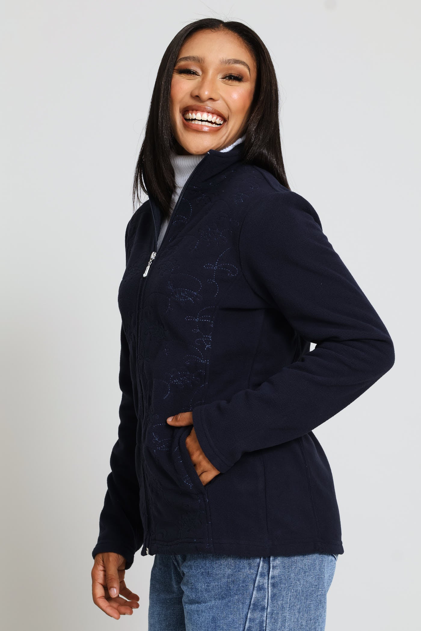 Ladies Embroidered Zip Up Polar Fleece Jacket - Midnight Blue – Edgars