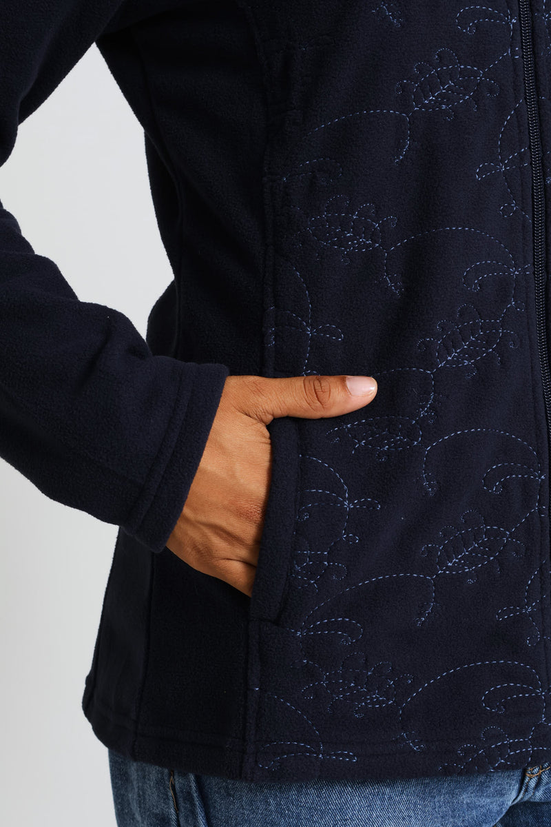 Embroidered Zip Up Polar Fleece Jacket - Midnight Blue