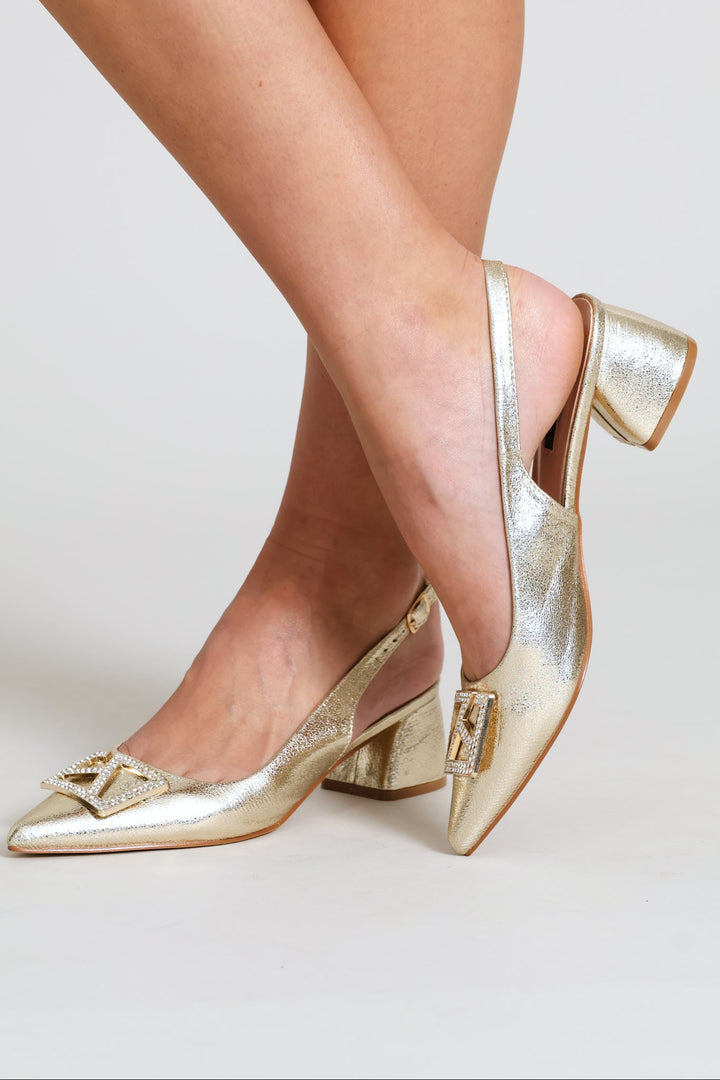 Diamante Trim Block Mule Heel - Gold