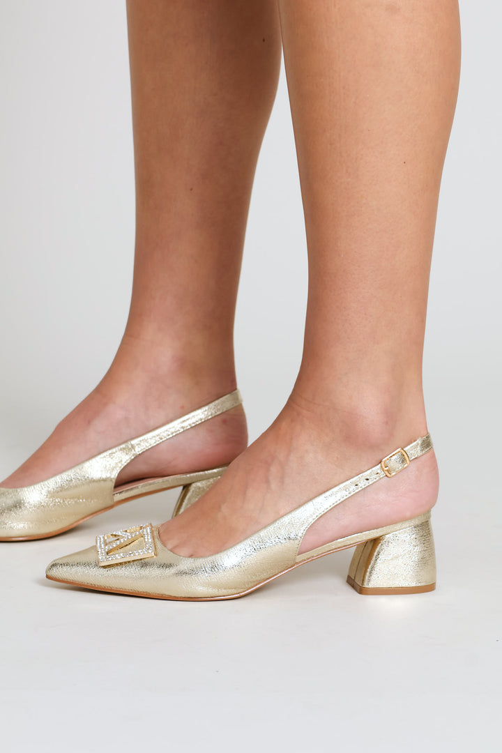 Diamante Trim Block Mule Heel - Gold