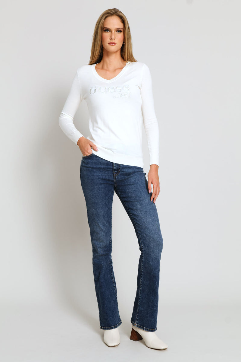 Long Sleeve V-Neck Saylor Logo Sweater Top - Cream