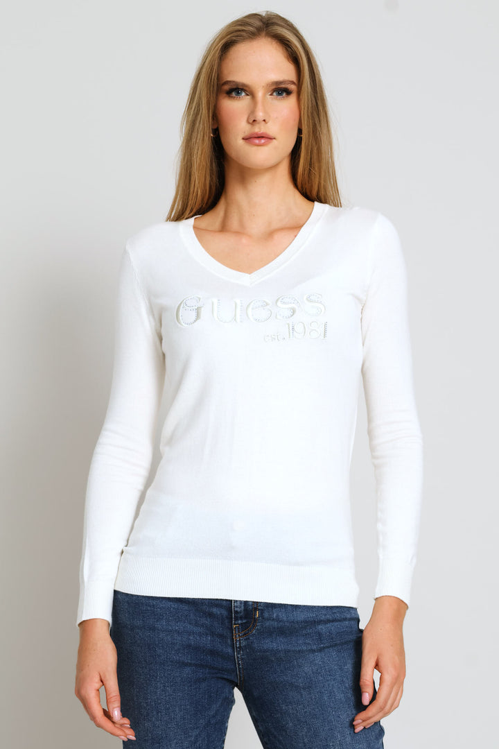 Long Sleeve V-Neck Saylor Logo Sweater Top - Cream