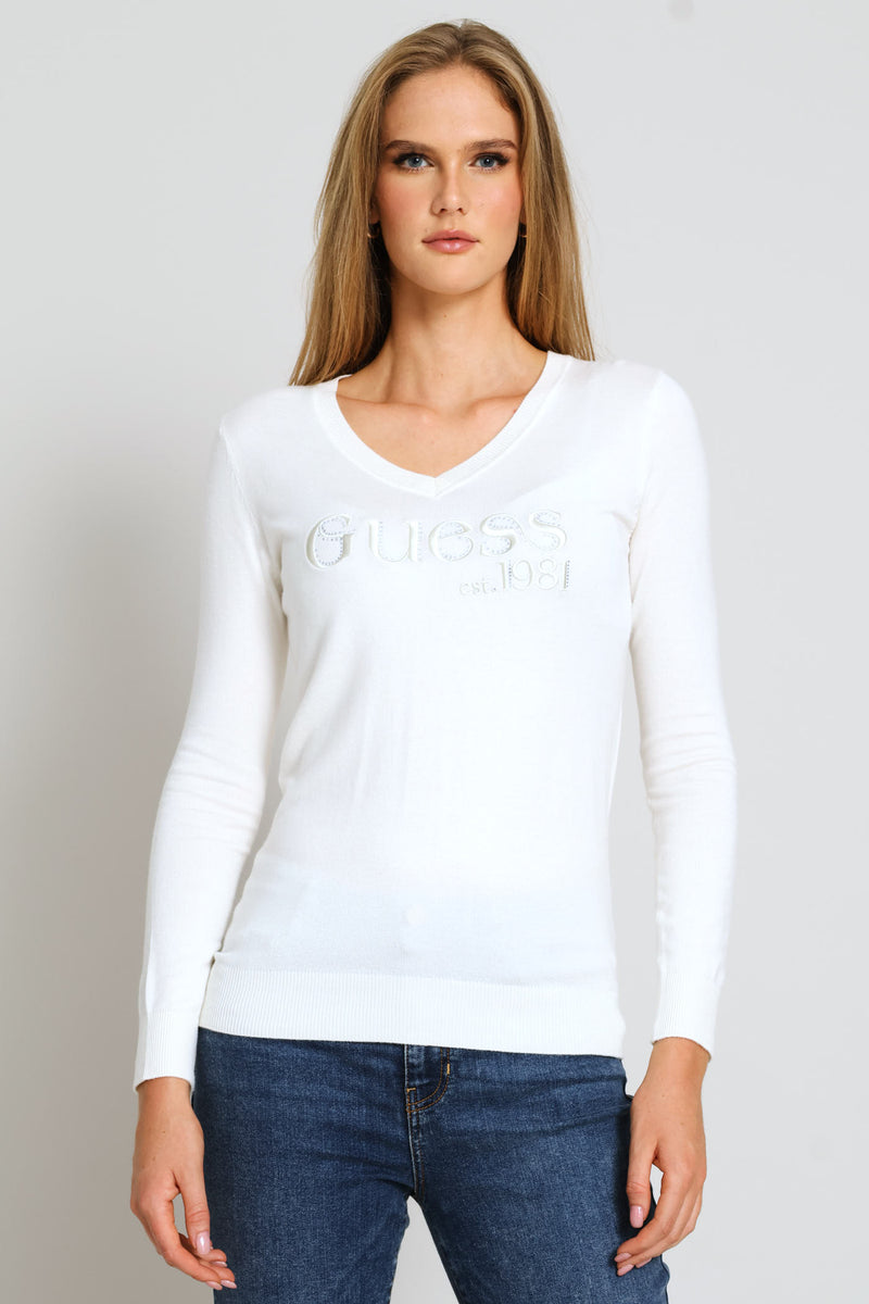 Long Sleeve V-Neck Saylor Logo Sweater Top - Cream