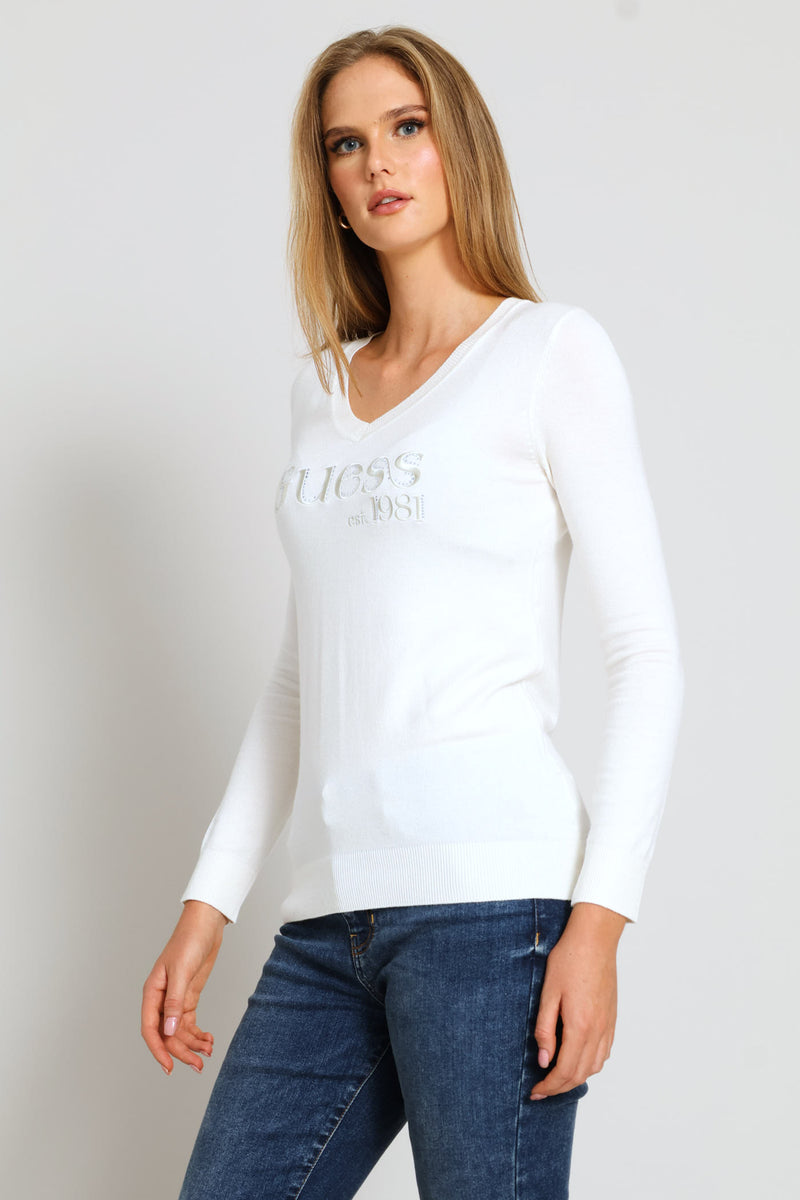 Long Sleeve V-Neck Saylor Logo Sweater Top - Cream