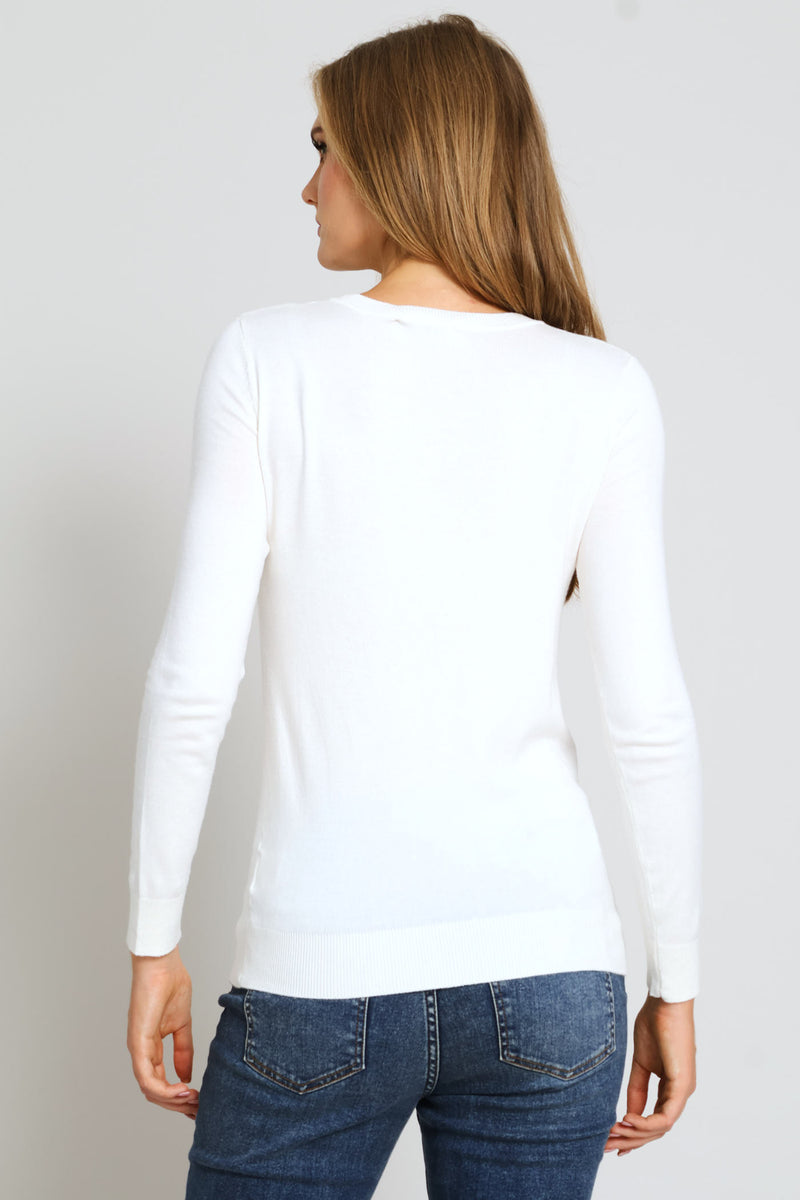 Long Sleeve V-Neck Saylor Logo Sweater Top - Cream