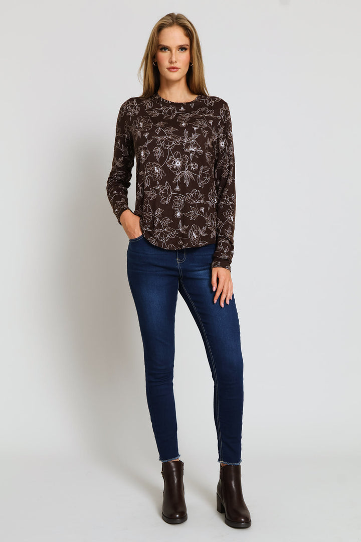Long Sleeve Print Pocket Crew Tee - Dark Chocolate
