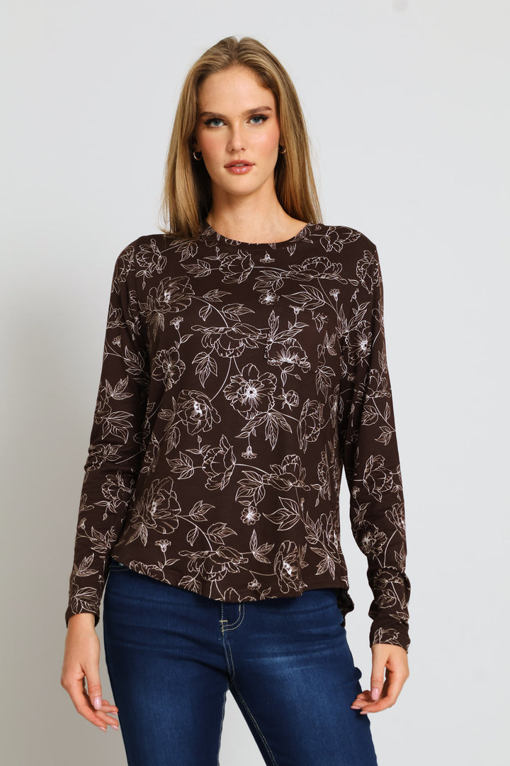 Long Sleeve Print Pocket Crew Tee - Dark Chocolate