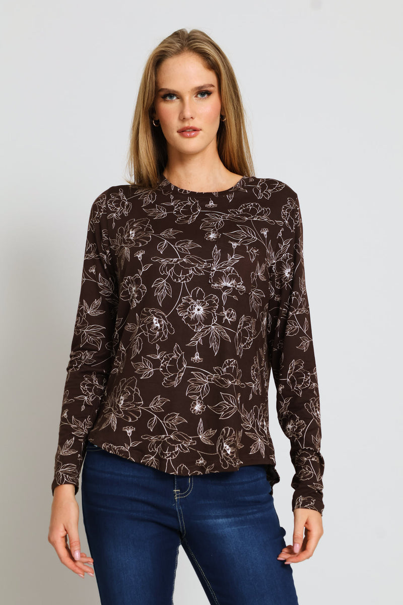 Long Sleeve Print Pocket Crew Tee - Dark Chocolate