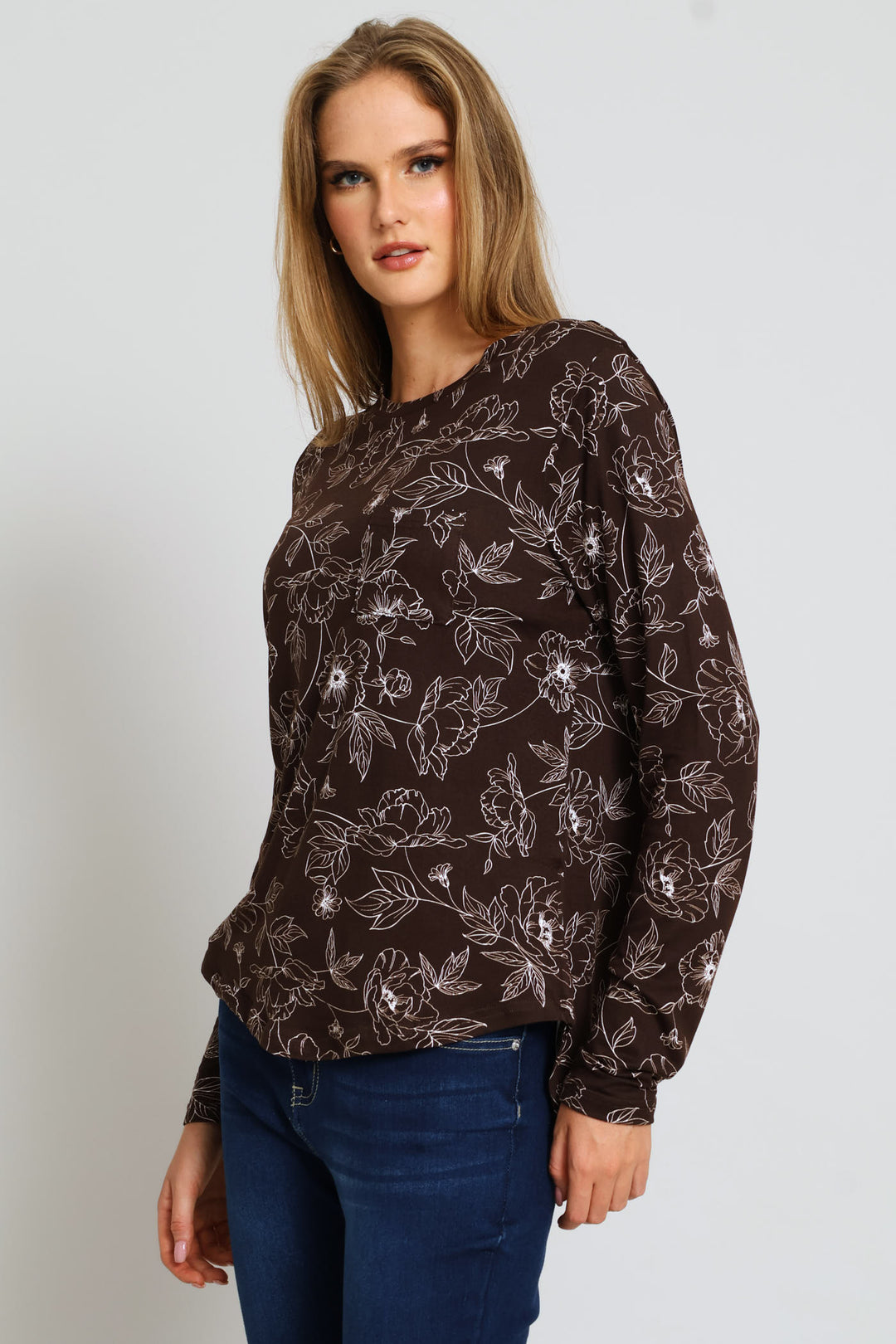 Long Sleeve Print Pocket Crew Tee - Dark Chocolate