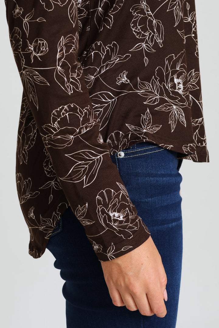 Long Sleeve Print Pocket Crew Tee - Dark Chocolate