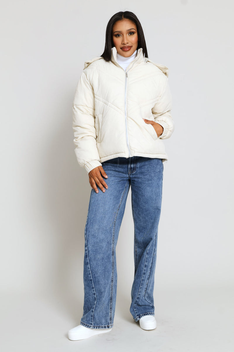Chevron Quilted Puffer Jacket - Light Stone