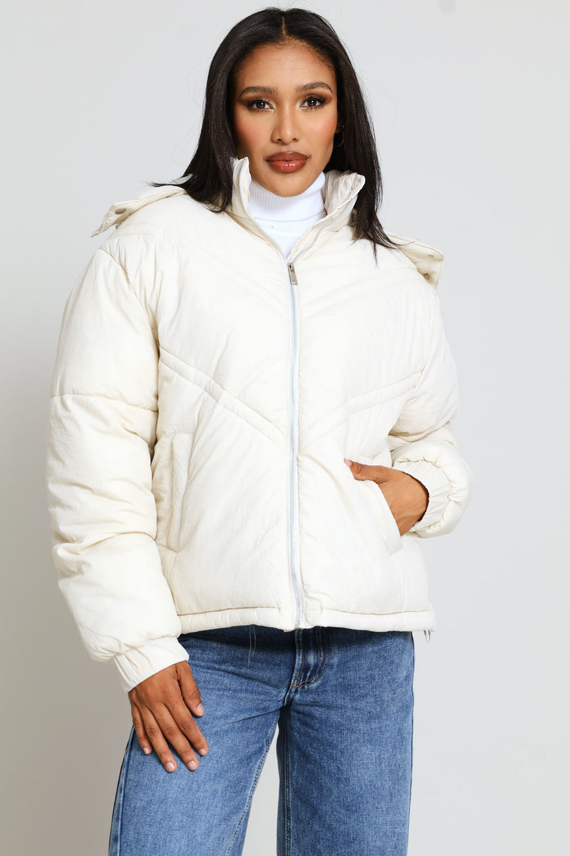 Chevron Quilted Puffer Jacket - Light Stone