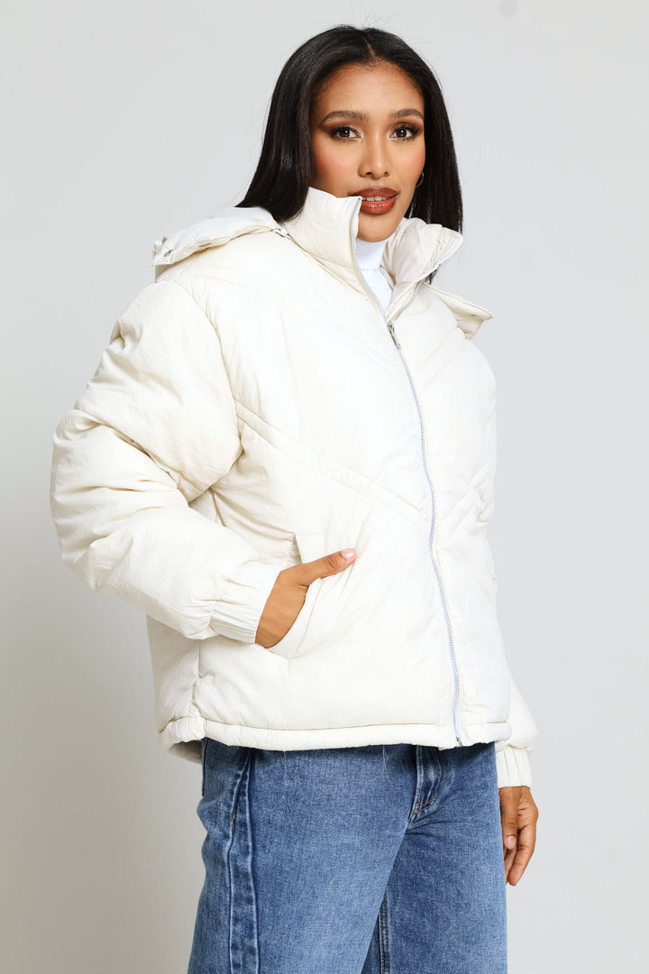 Chevron Quilted Puffer Jacket - Light Stone