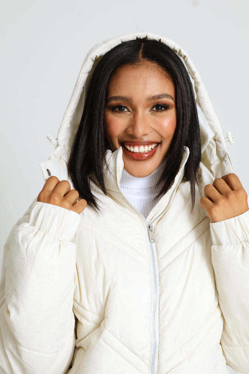 Chevron Quilted Puffer Jacket - Light Stone