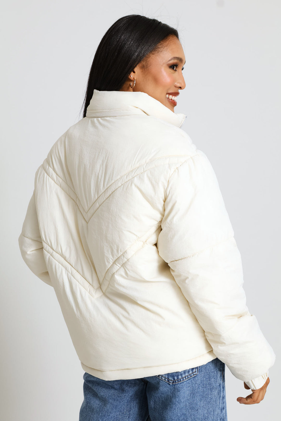 Chevron Quilted Puffer Jacket - Light Stone