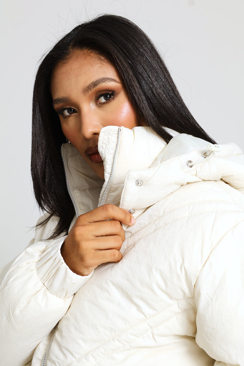 Chevron Quilted Puffer Jacket - Light Stone