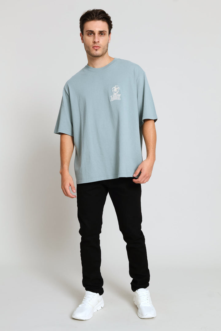 Tonal Script Floral Half Sleeve Tee - Blue