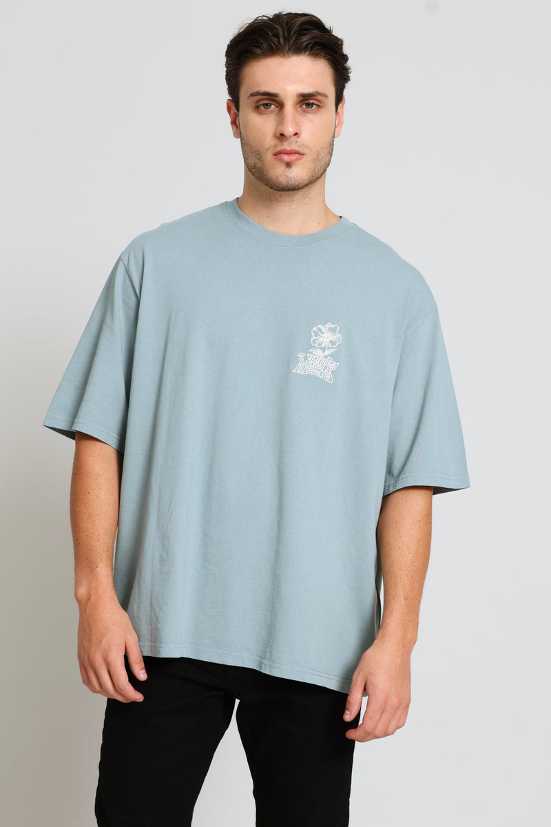 Tonal Script Floral Half Sleeve Tee - Blue