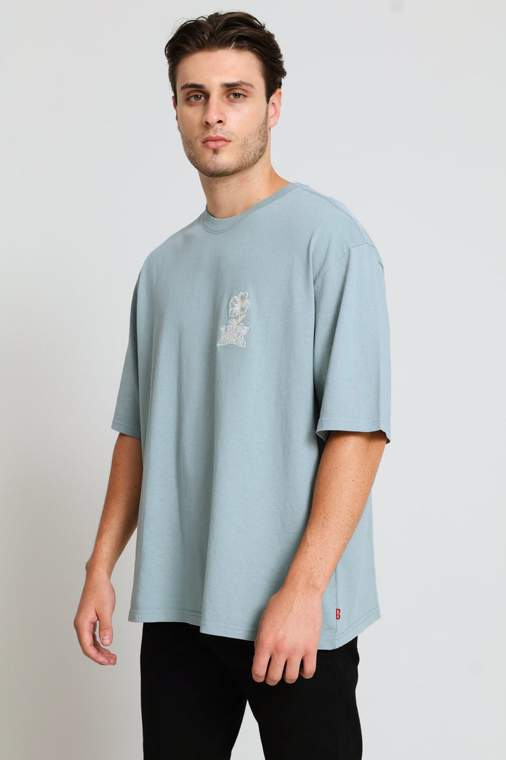 Tonal Script Floral Half Sleeve Tee - Blue