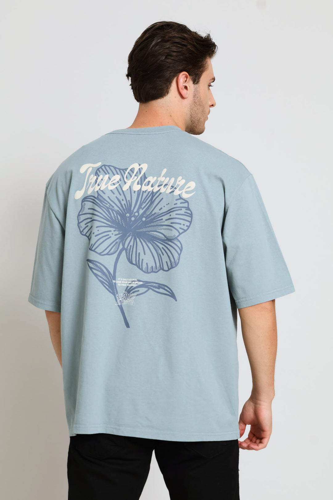 Tonal Script Floral Half Sleeve Tee - Blue