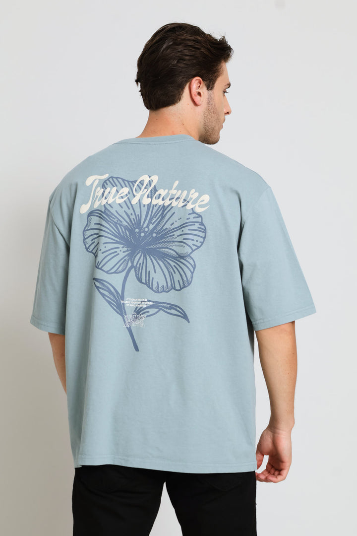 Tonal Script Floral Half Sleeve Tee - Blue