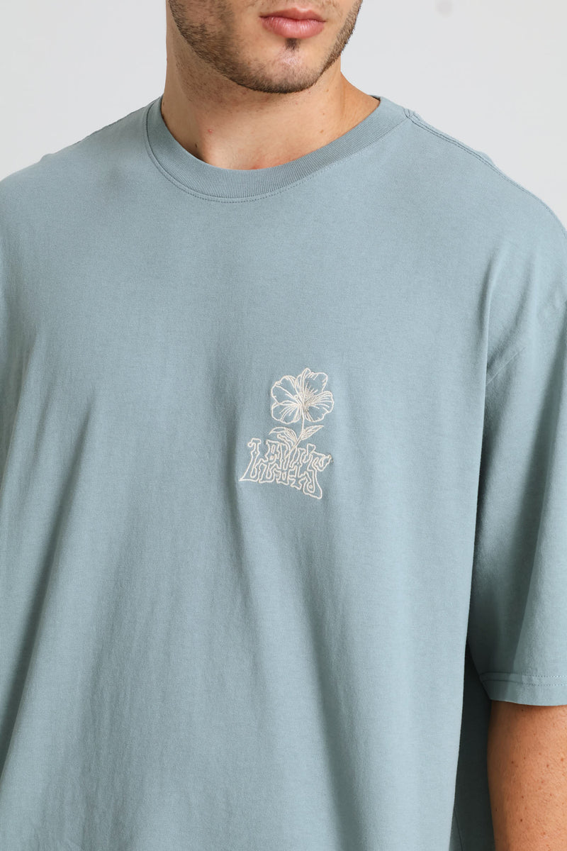 Tonal Script Floral Half Sleeve Tee - Blue