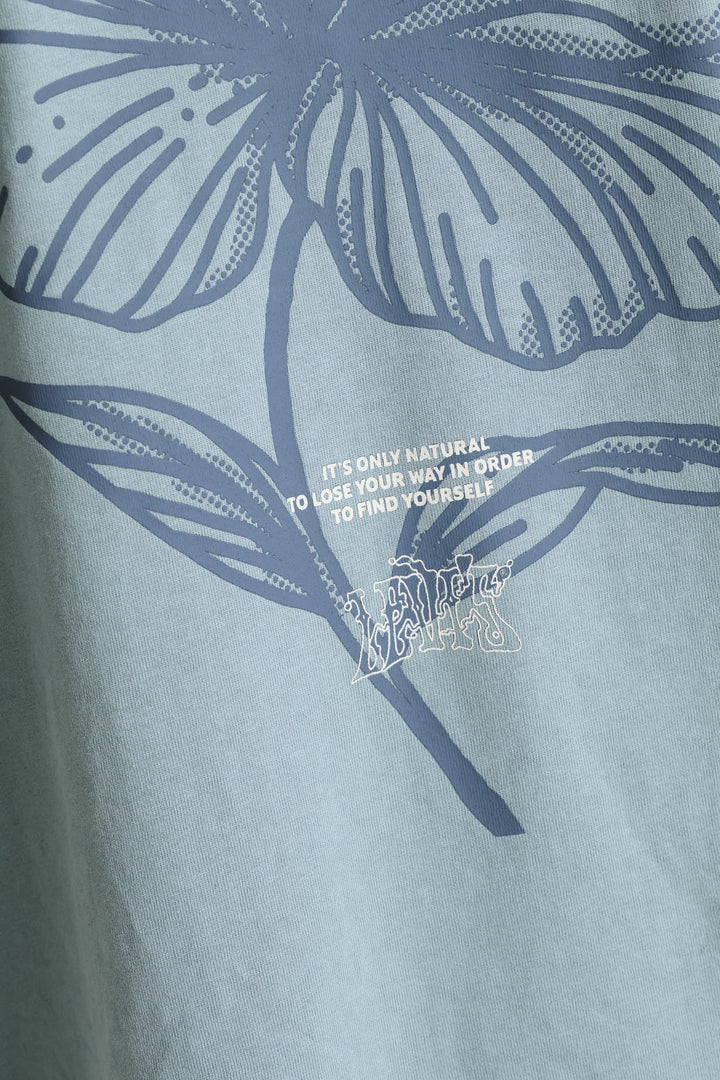 Tonal Script Floral Half Sleeve Tee - Blue