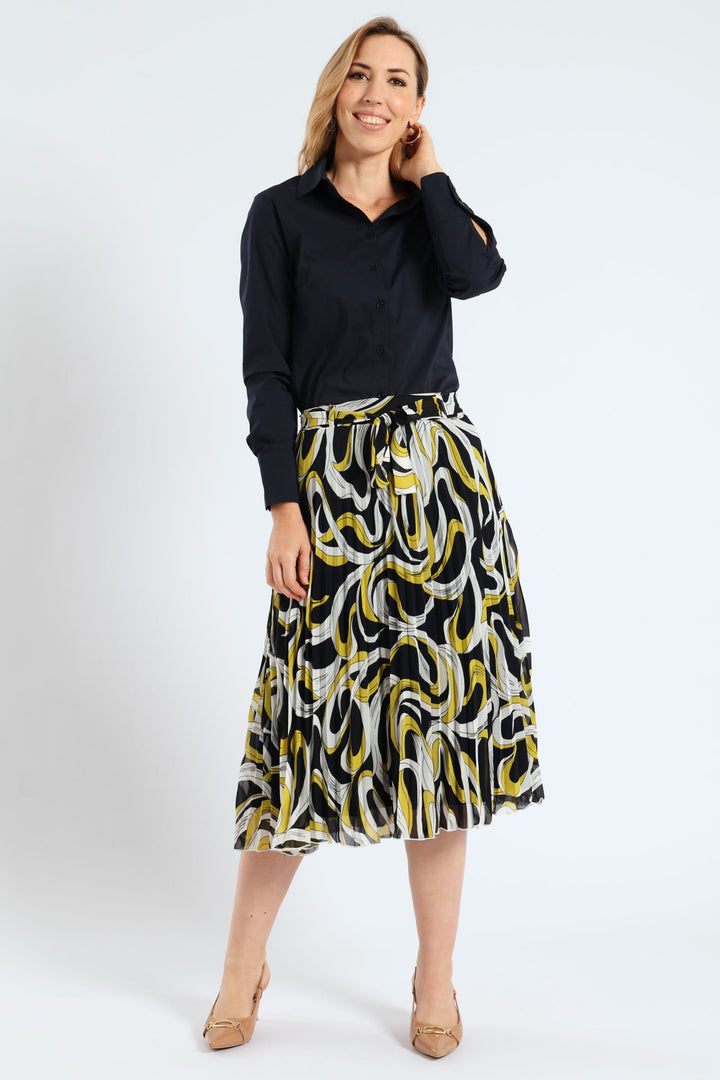 Swirl Belted Pleated Midi Skirt - Mustard
