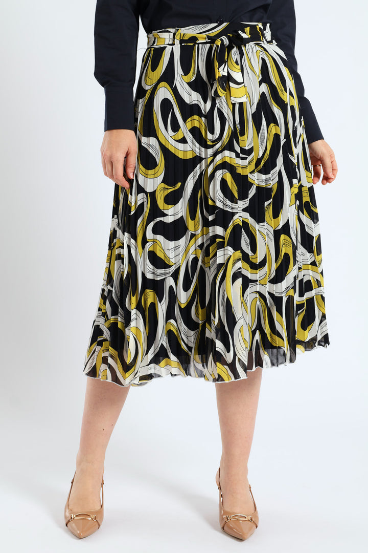 Swirl Belted Pleated Midi Skirt - Mustard