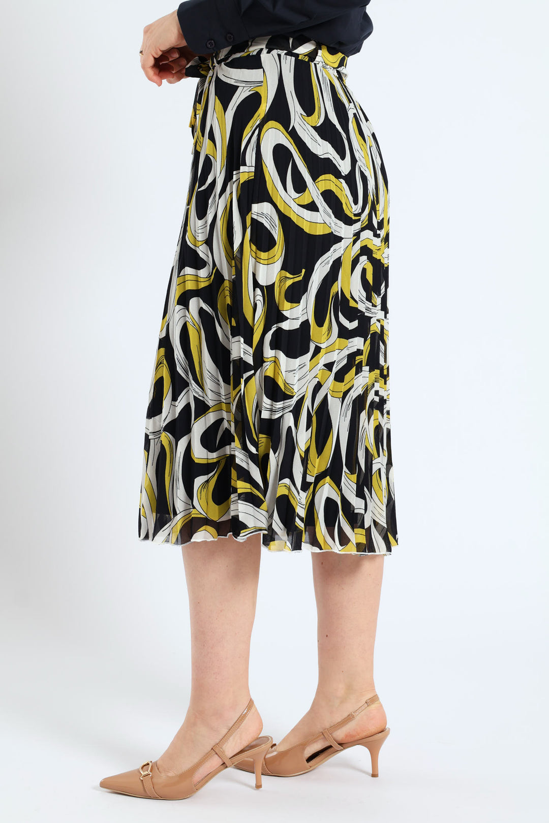 Swirl Belted Pleated Midi Skirt - Mustard