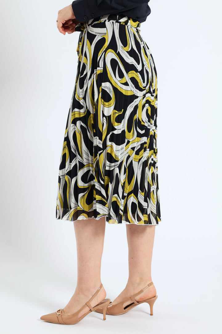 Swirl Belted Pleated Midi Skirt - Mustard