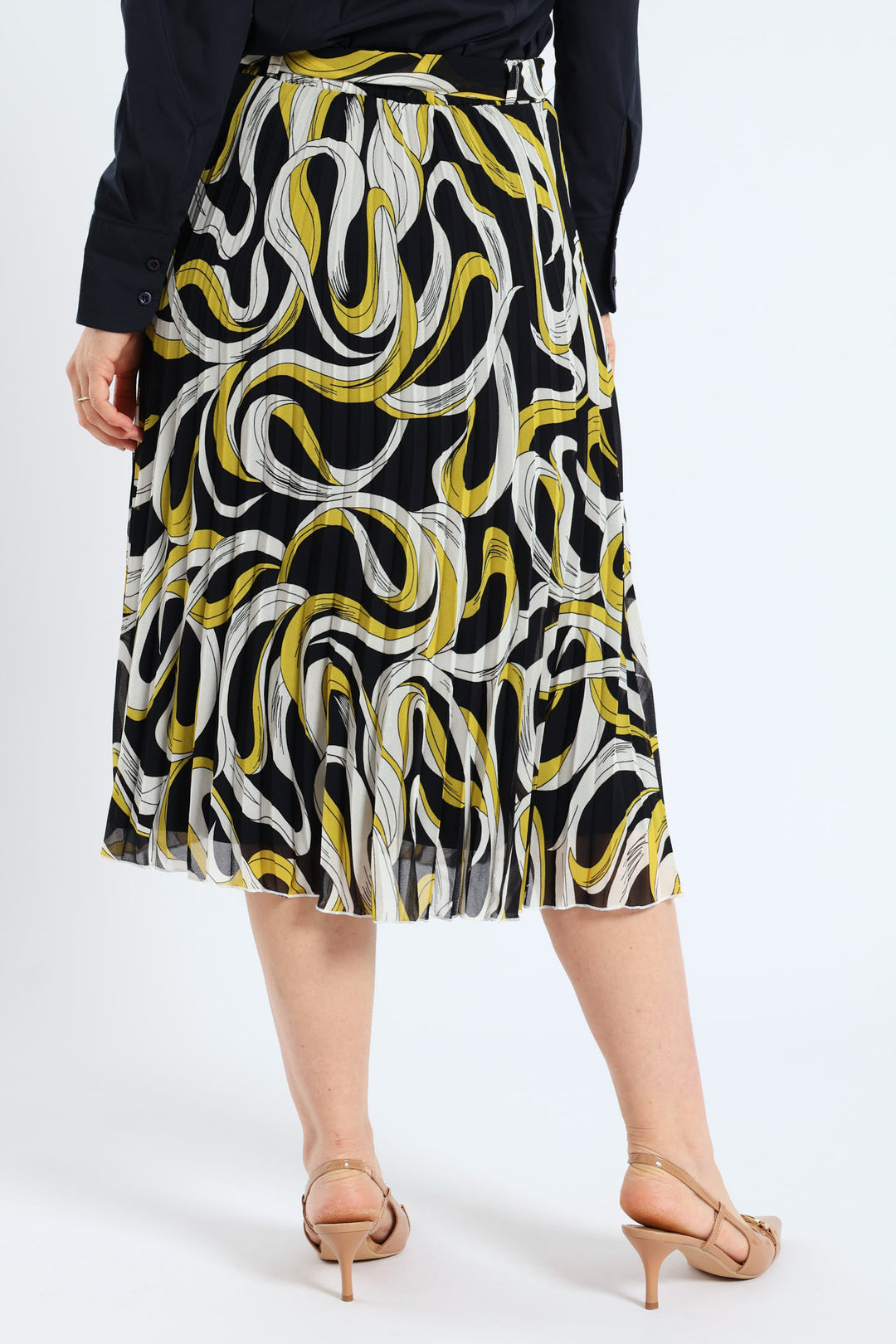 Swirl Belted Pleated Midi Skirt - Mustard