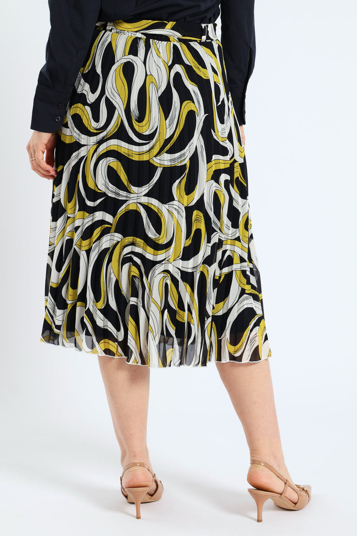 Swirl Belted Pleated Midi Skirt - Mustard