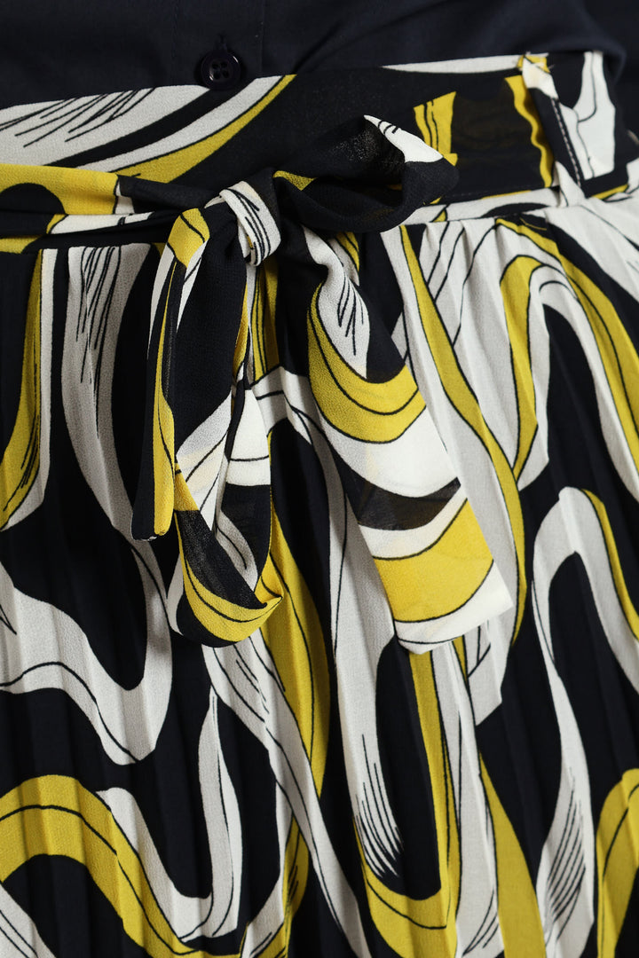 Swirl Belted Pleated Midi Skirt - Mustard