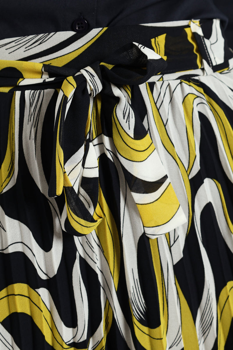 Swirl Belted Pleated Midi Skirt - Mustard