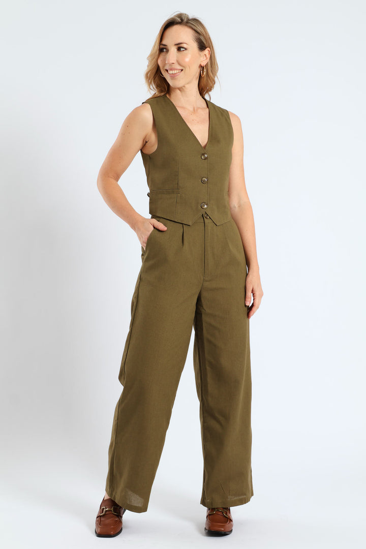 Pintuck Tailored Wide Leg Linen Pants - Burnt Olive