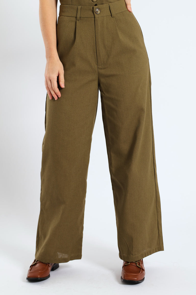 Pintuck Tailored Wide Leg Linen Pants - Burnt Olive