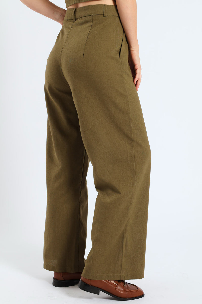 Pintuck Tailored Wide Leg Linen Pants - Burnt Olive