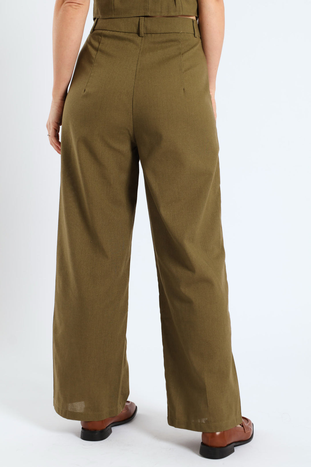 Pintuck Tailored Wide Leg Linen Pants - Burnt Olive