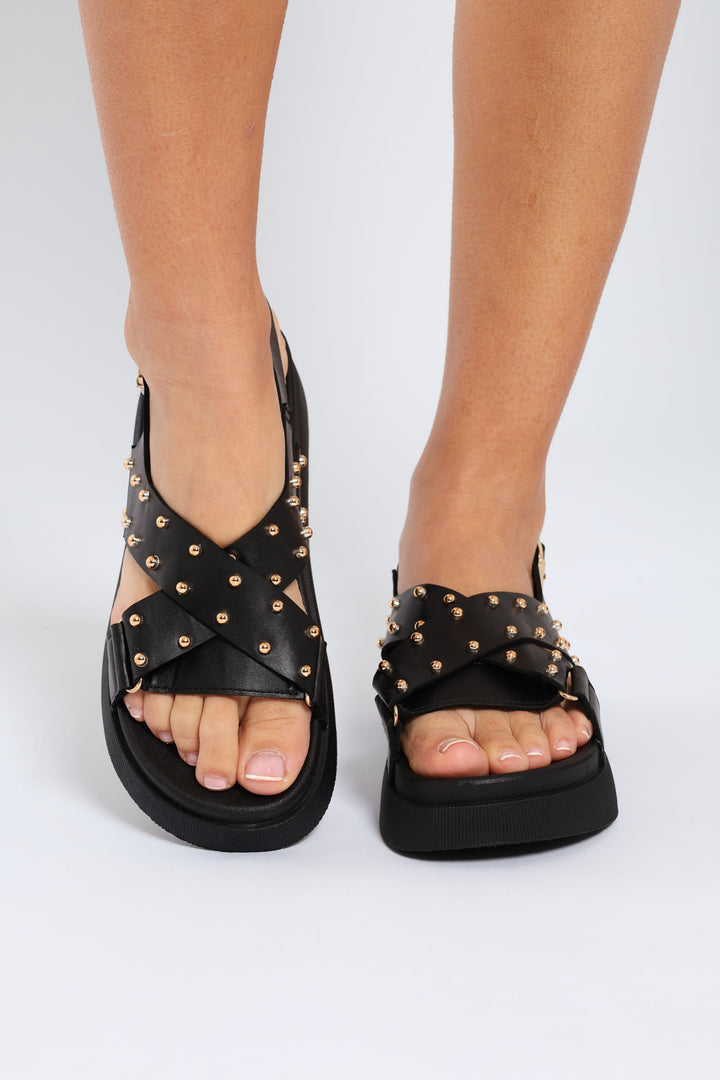 Studded Slingback Crosstrap Sandal On Footbead - Black