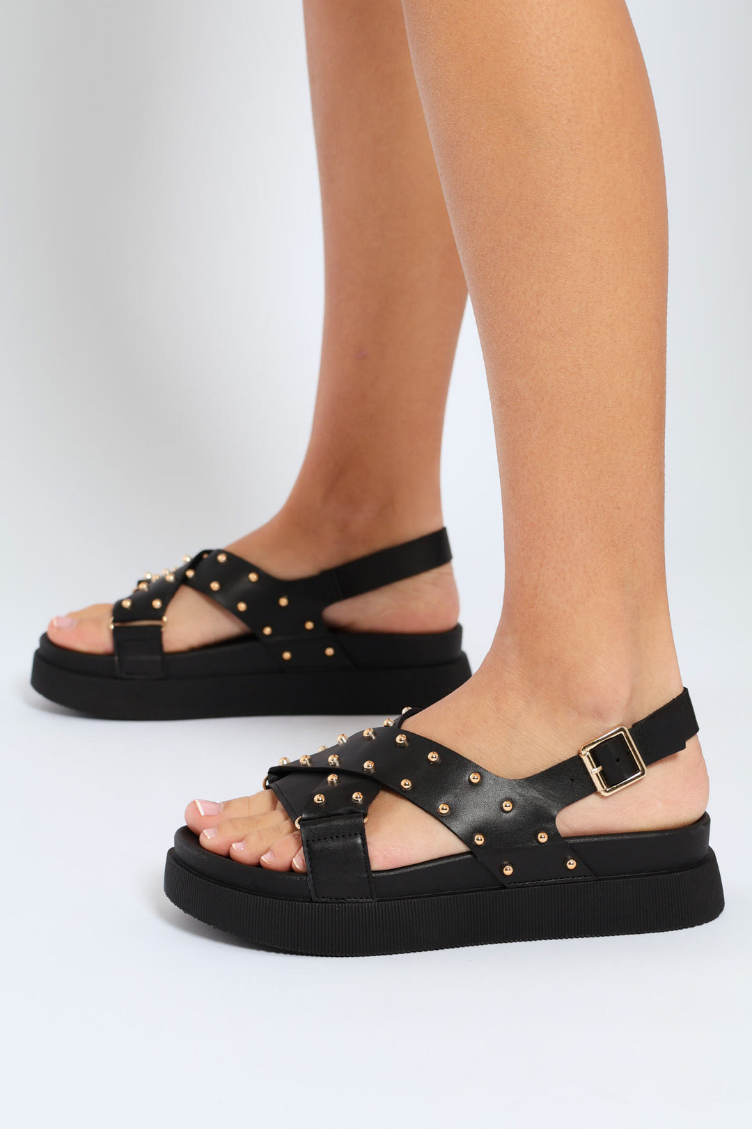 Studded Slingback Crosstrap Sandal On Footbead - Black