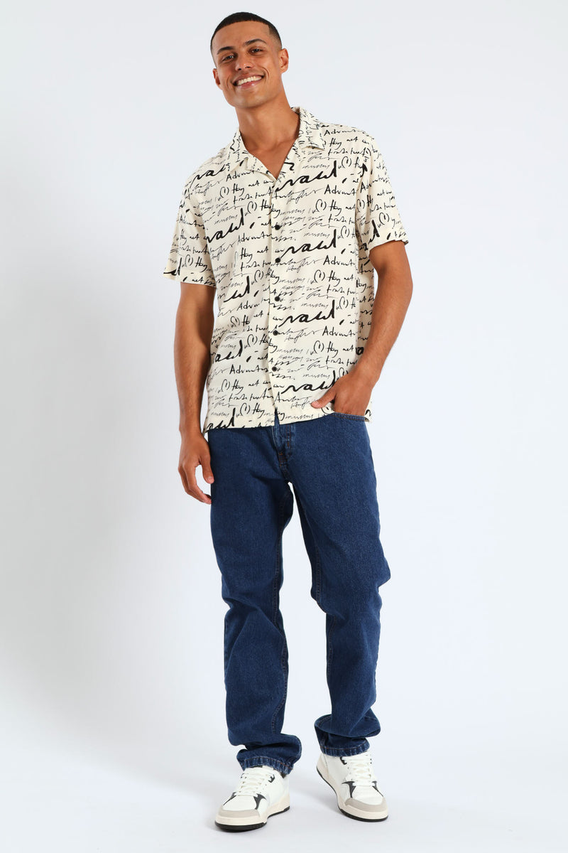 Word Print Viscose Shirt - Stone