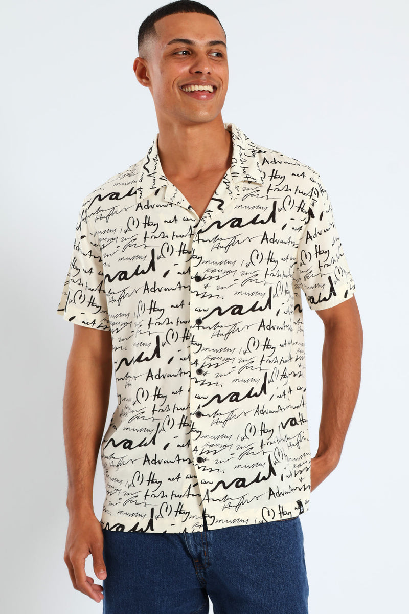 Word Print Viscose Shirt - Stone