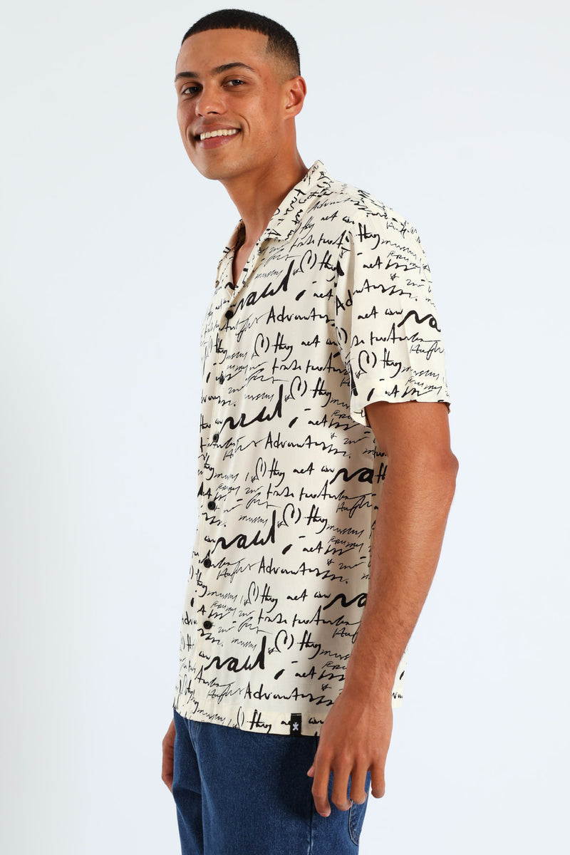 Word Print Viscose Shirt - Stone