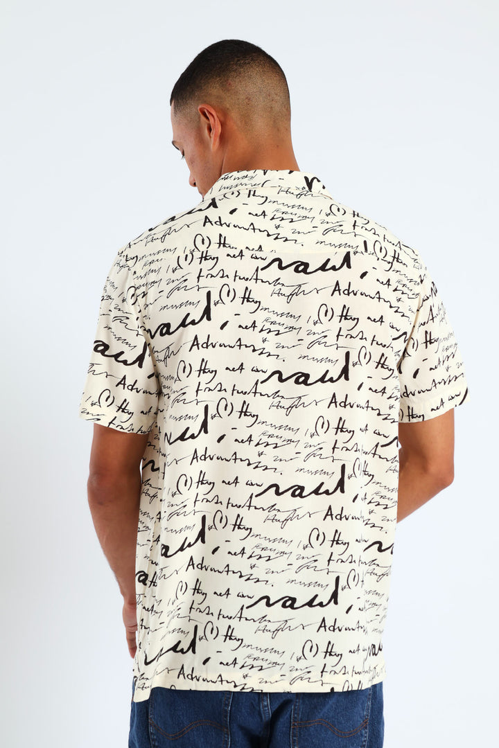 Word Print Viscose Shirt - Stone